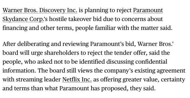 TNABO 《彭博社》：华纳兄弟探索预计拒绝派拉蒙的1084亿美元全资产收购报价