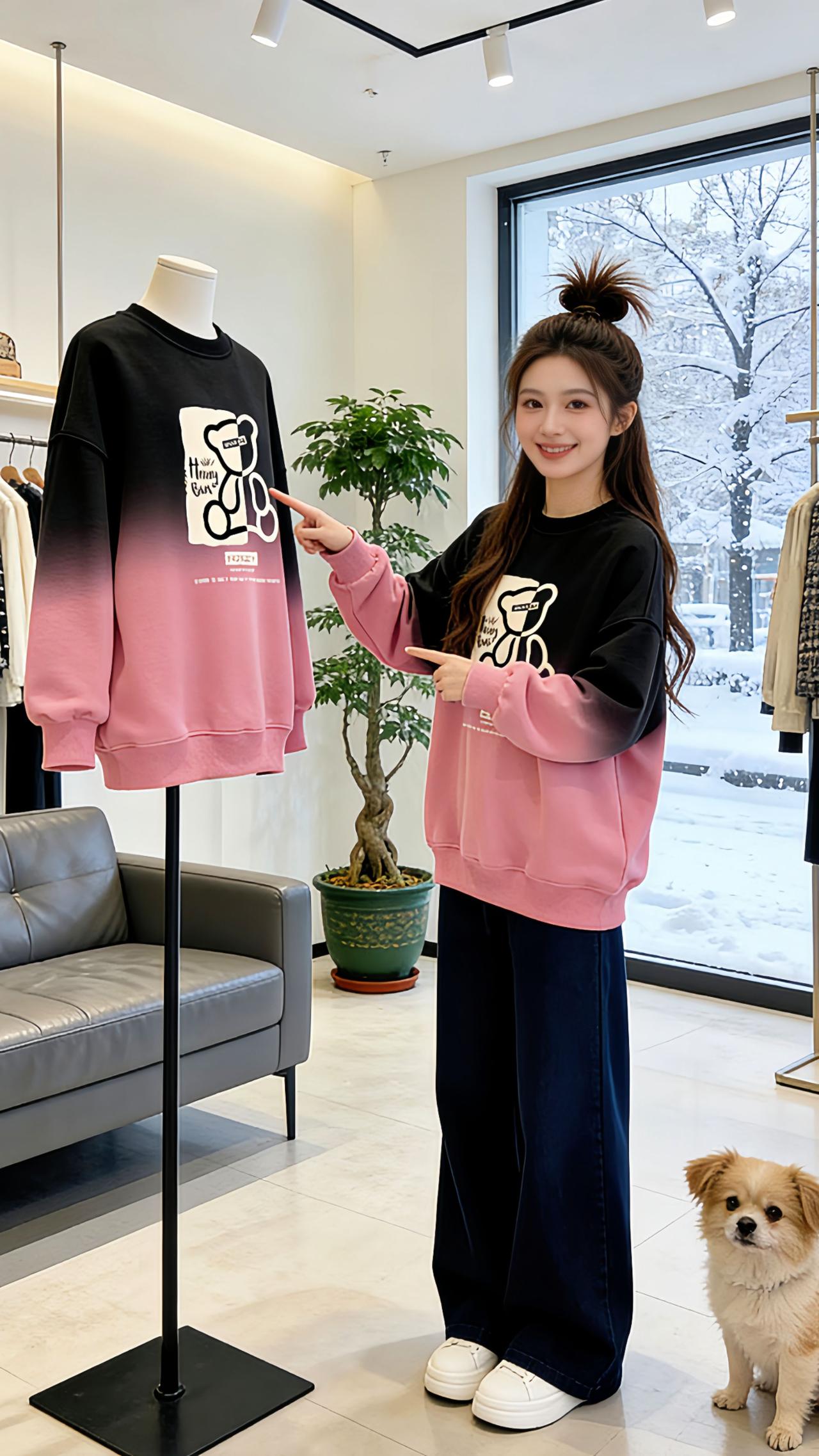 冬日逛服装店的氛围感被狠狠拿捏住了！Danny穿的黑粉渐变卫衣也太吸睛啦～半扎丸