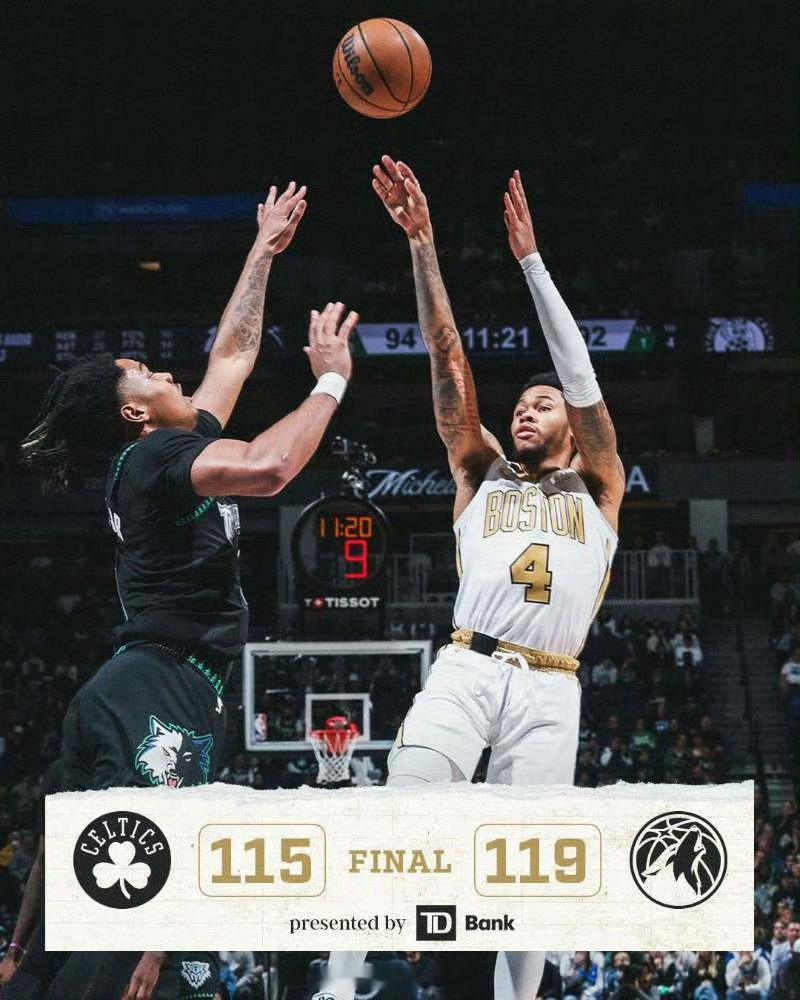 凯尔特人115-119不敌森林狼，目前10胜9负。杰伦-布朗41分6篮板7助攻5