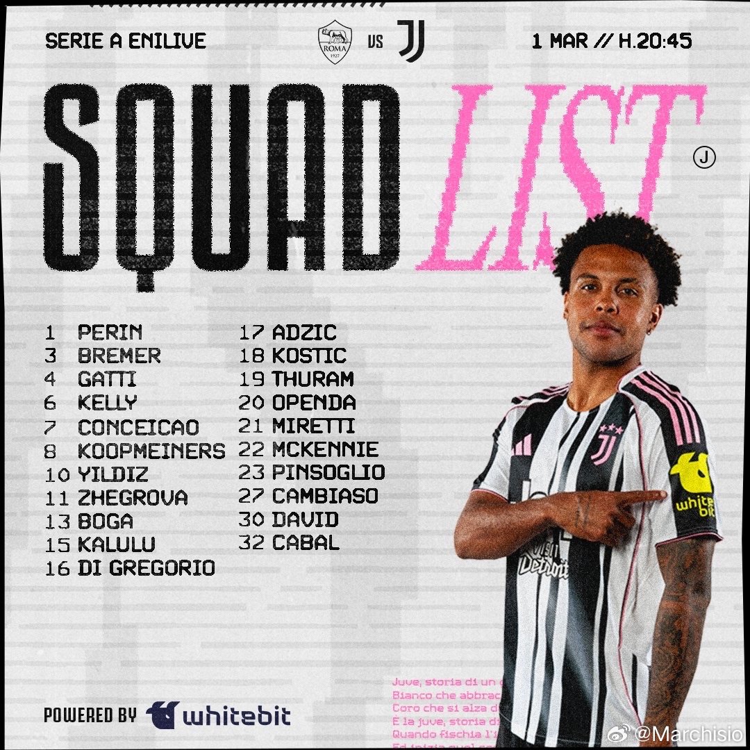 你妇公布了客场和罗马的比赛大名单，霍尔姆、弗拉霍维奇、米利克因伤缺阵。尤文图斯意