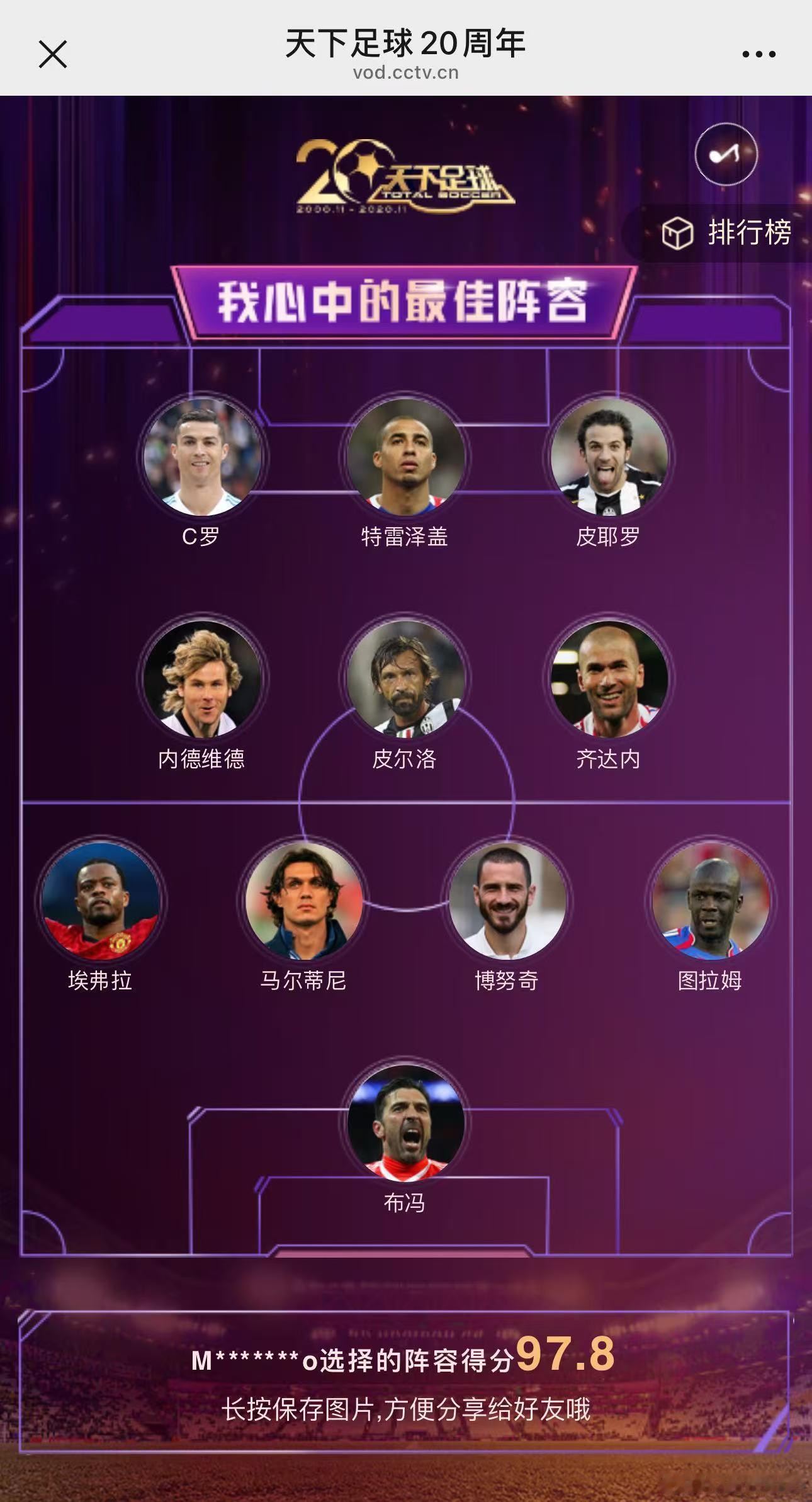 天下足球20年的经典阵容评选，除了马尔蒂尼（可以换成卡纳瓦罗，但是。。。）之外把