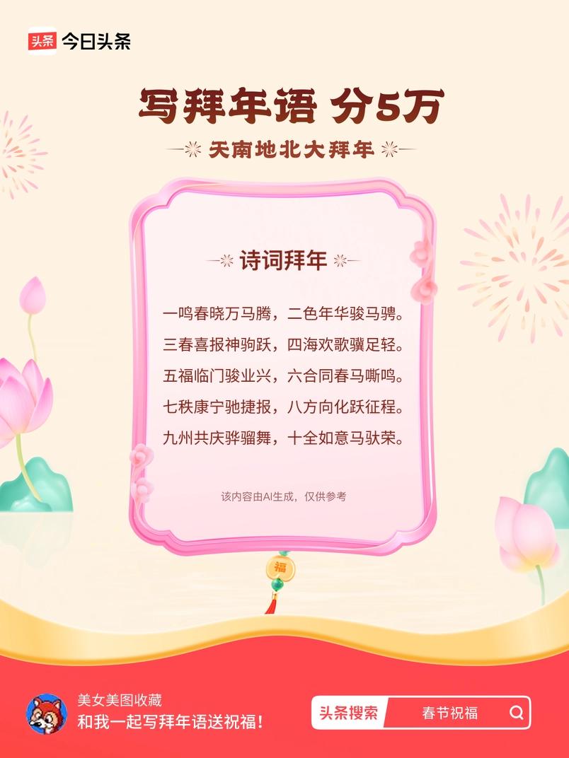 写拜年语送祝福新春拜年送祝福！我的祝福是：“一鸣春晓万马腾，二色年华骏马骋。三春