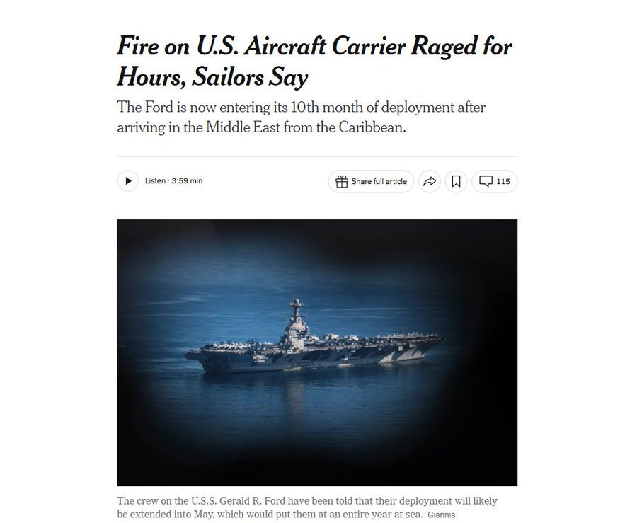 福特号航母600名水兵因火灾睡地板——纽约时报报道，3月12号福特号航母(CVN