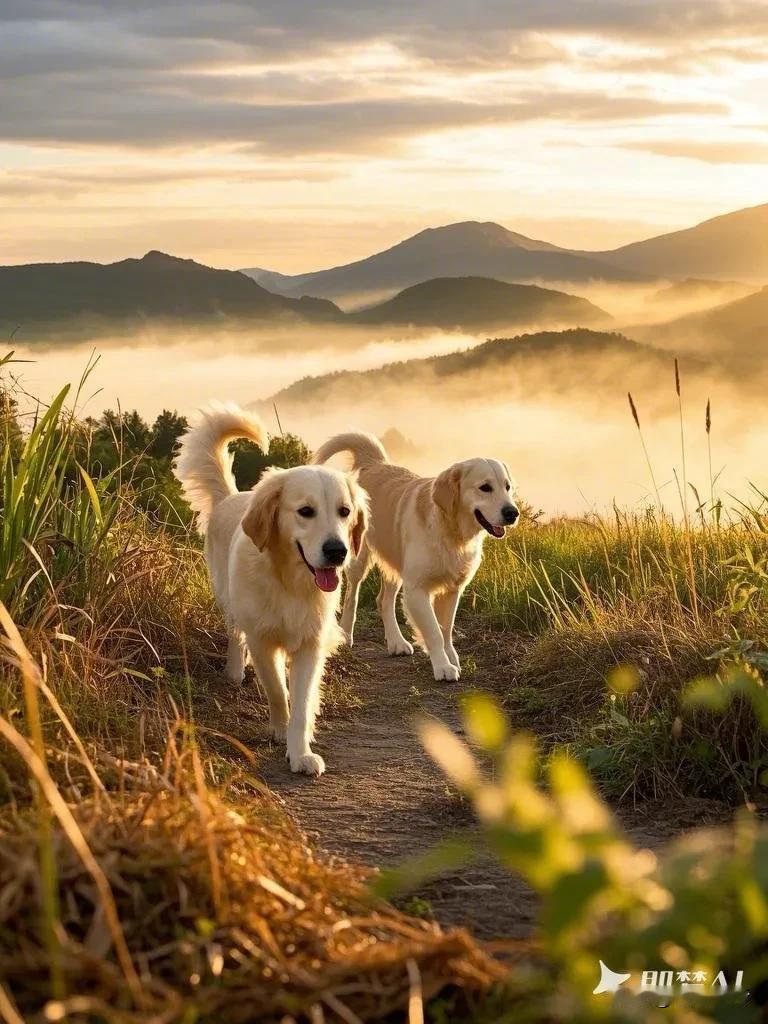 日落山水静，犬吠远峰轻。在那日落时分，山水仿佛被按下了静音键，一片静谧祥和。狗狗