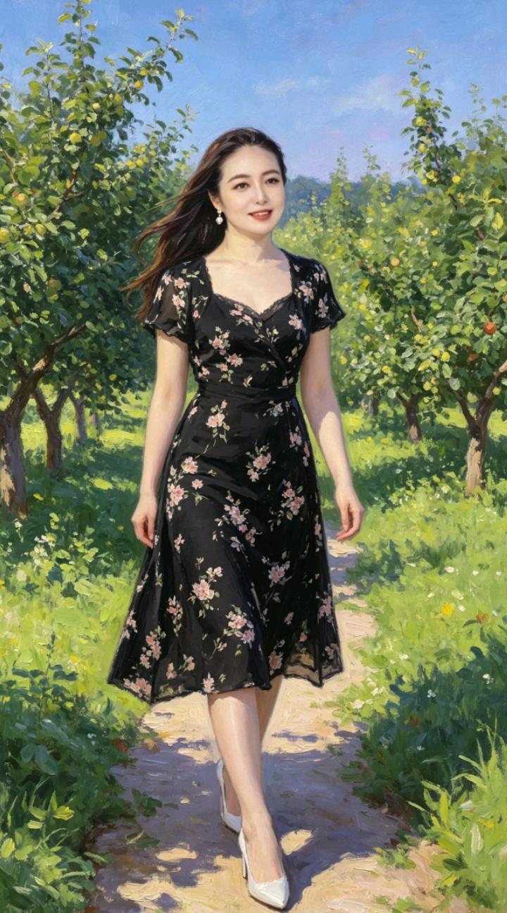 一个穿黑裙子的美女在果园里散步。随手拍几张乡村风景 田园里的美女 绿裙美人自拍