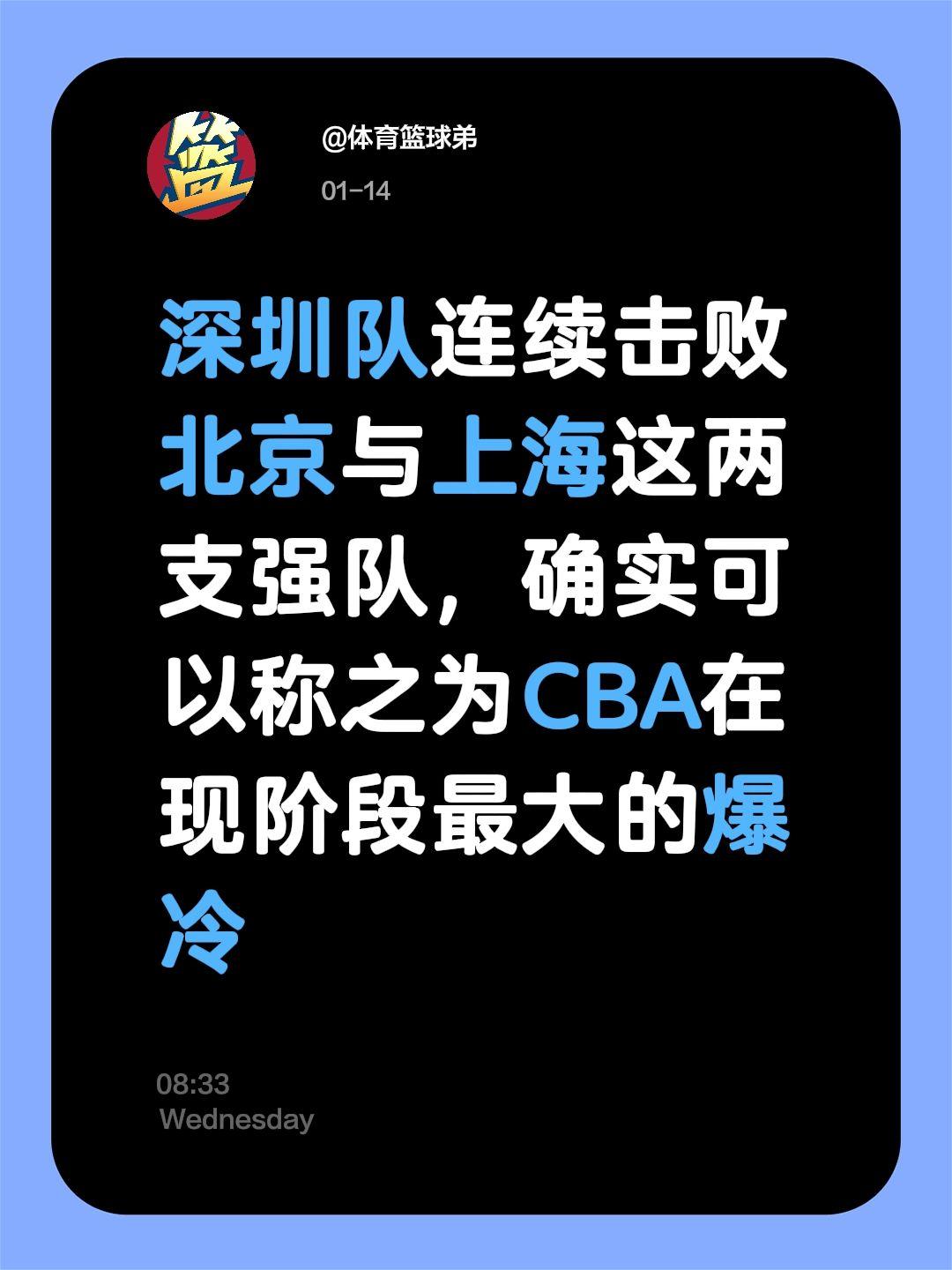 深圳连续爆冷北京上海，确实让人很意外。我评论了 的作品： 深圳队连续击...