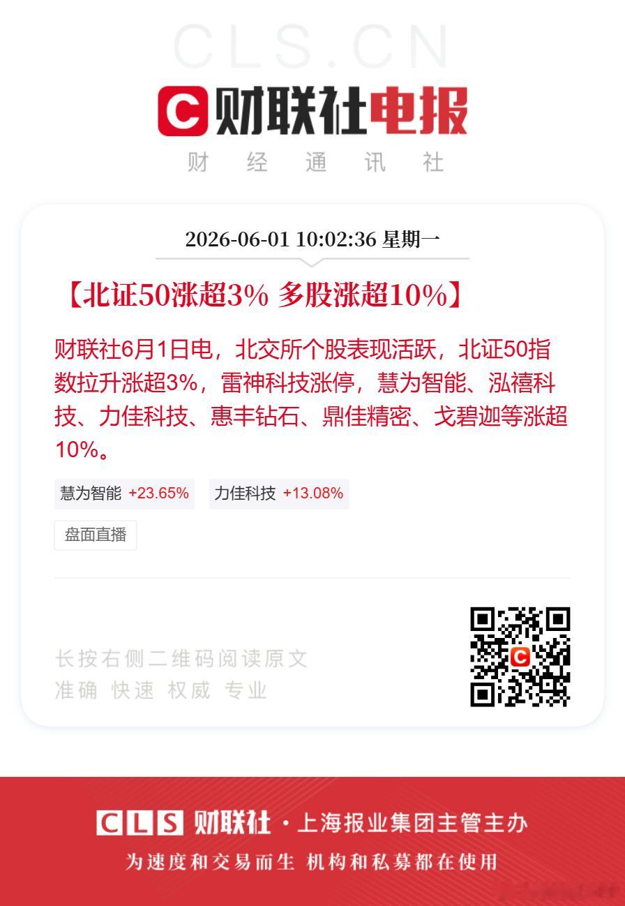 北证50多股涨超10%【北证50涨超3% 多股涨超10%】财联社6月1日电，北交