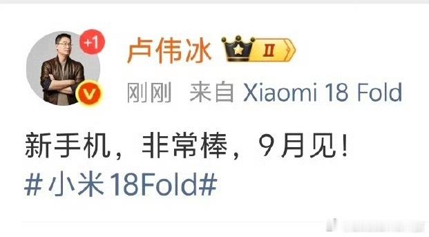 卢伟冰预热小米18 Fold下个月就会发布，还是很期待的！ 