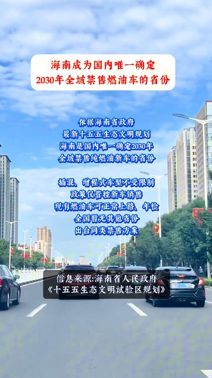 海南成为国内唯一确定2030年全域禁售燃油车的省份。
依据海南省政府，海南是国内
