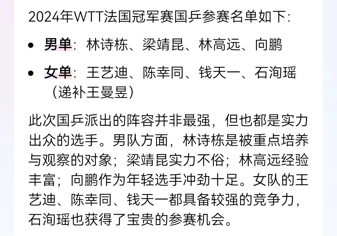 这个WTT真是没完没了
国乒都整废了
亚锦赛、全锦赛刚结束几天
又去法国
八月份