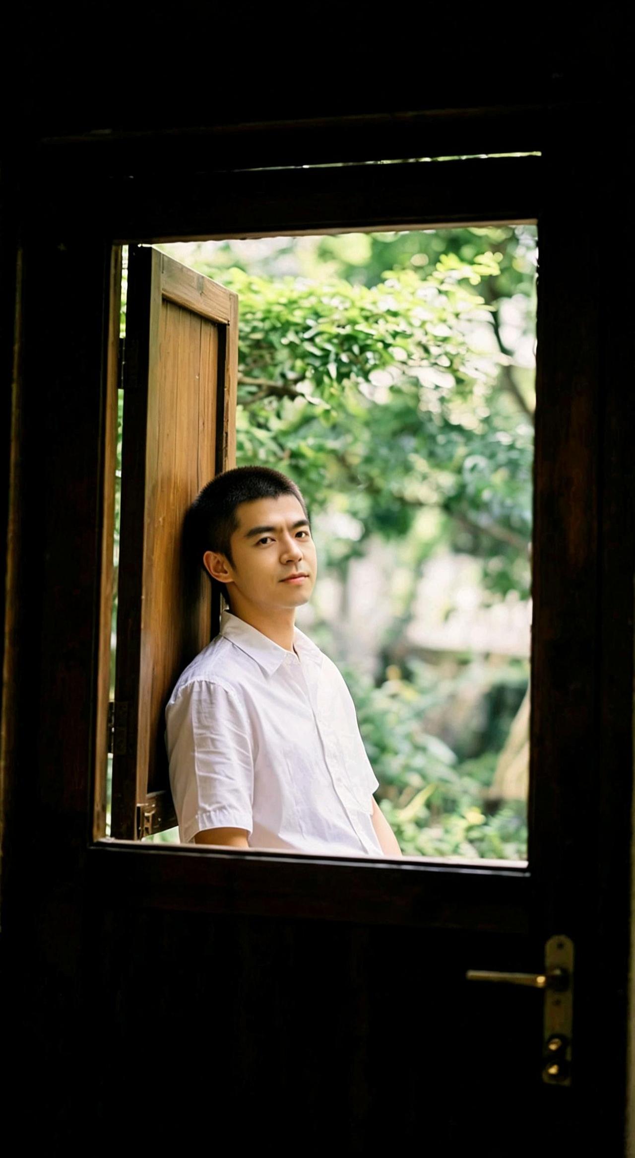 🪟木门半掩，他是框里的留白🌿
蝉鸣撞碎在肩头，时光都慢成诗📖