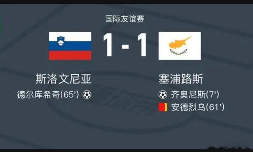 斯洛文尼亚1-1塞浦路斯，齐奥尼斯先拔头筹，德尔库希奇救主北京时间6月5日国际友