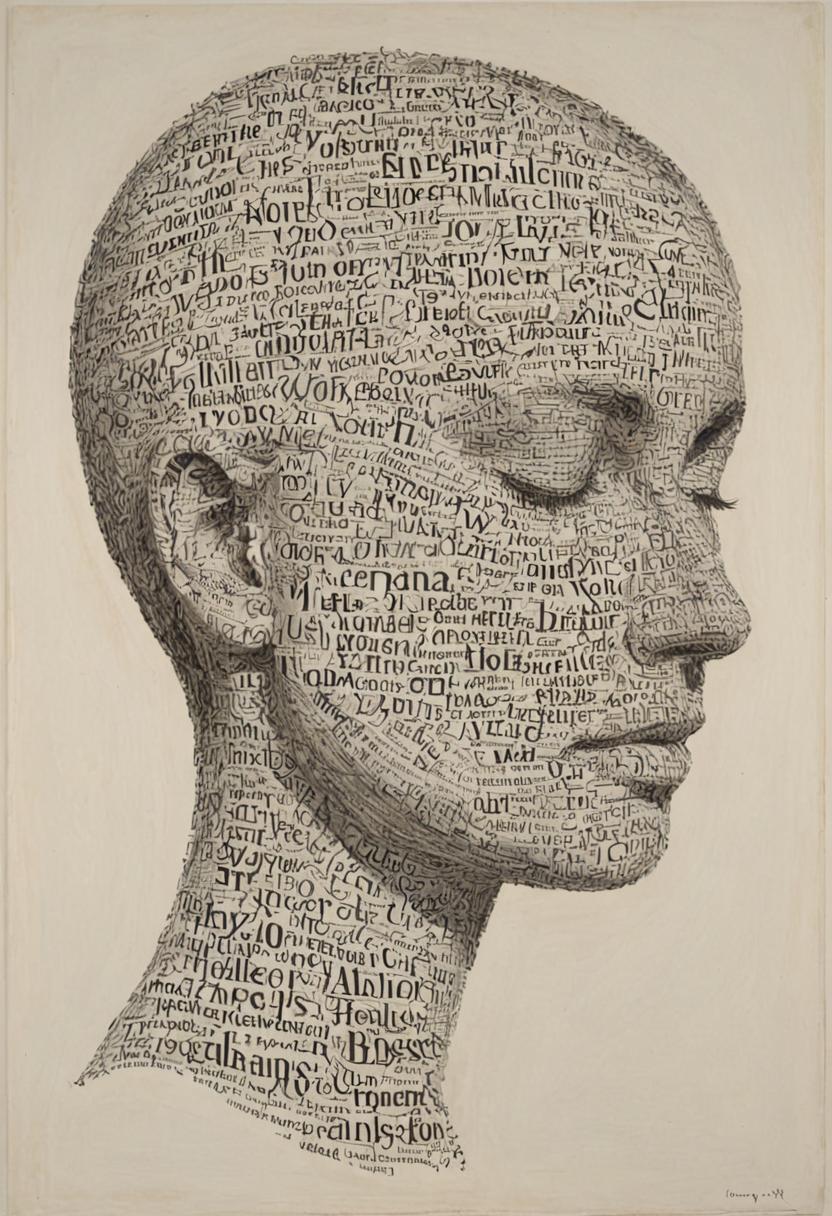 This is a striking calligram-style portr