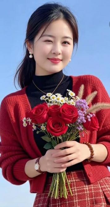 眸含笑，捧繁花。
天清朗，映朝霞。
身姿雅，自无瑕。
心明媚，不浮夸。
怀暖意，