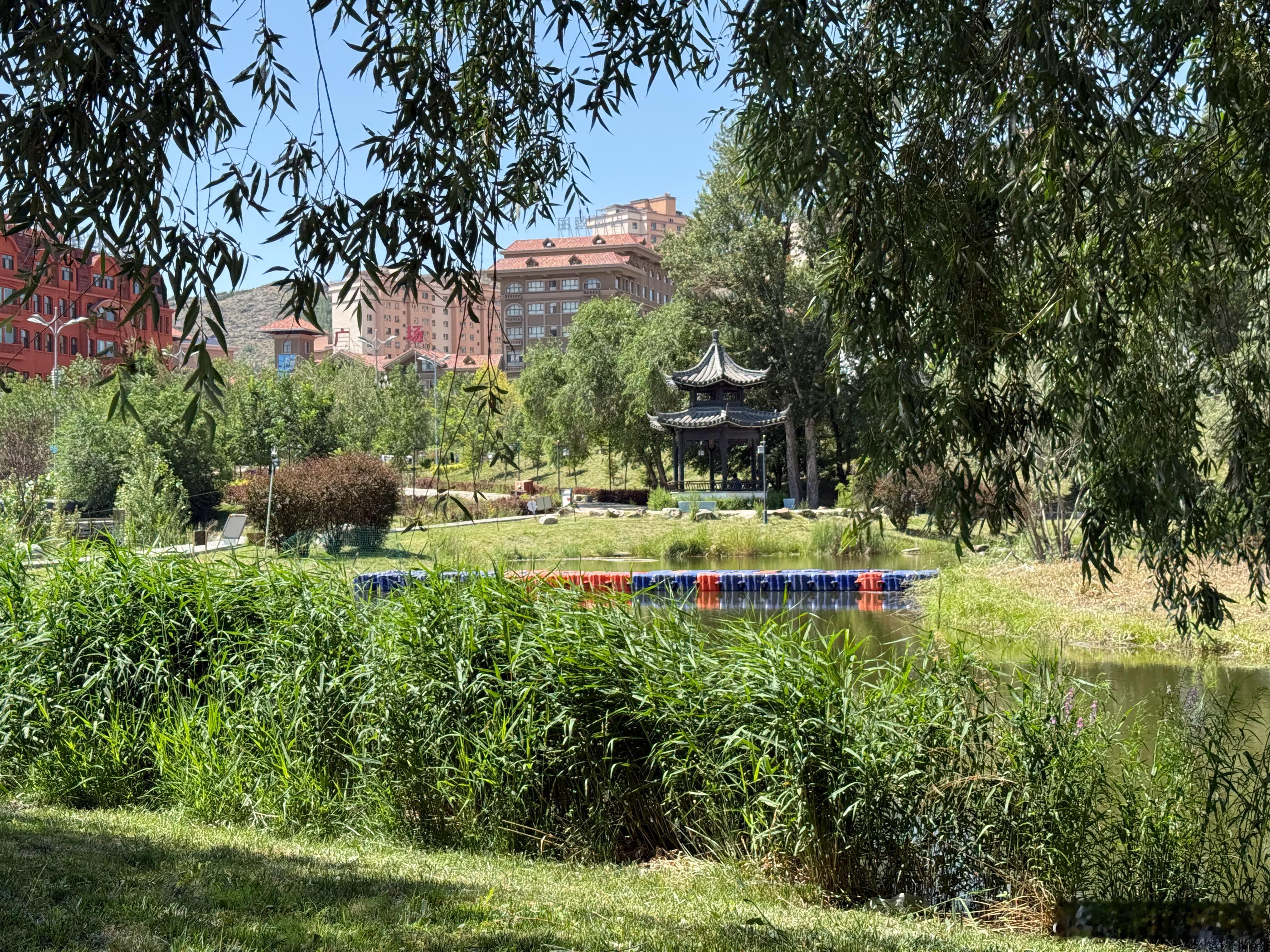 新疆，阿勒泰市，天鹅湖水上娱乐公园的风景。 阿勒泰·天鹅湖水上娱乐公园