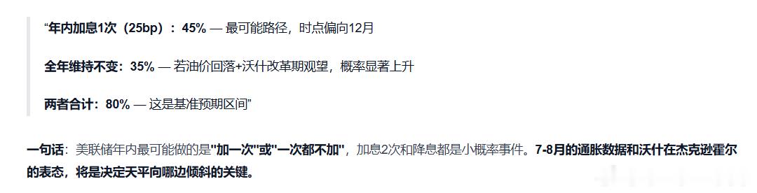 美元指数 ，美联储2026年下半年政策的预测，加息一次或维持原状。 外汇 A股 