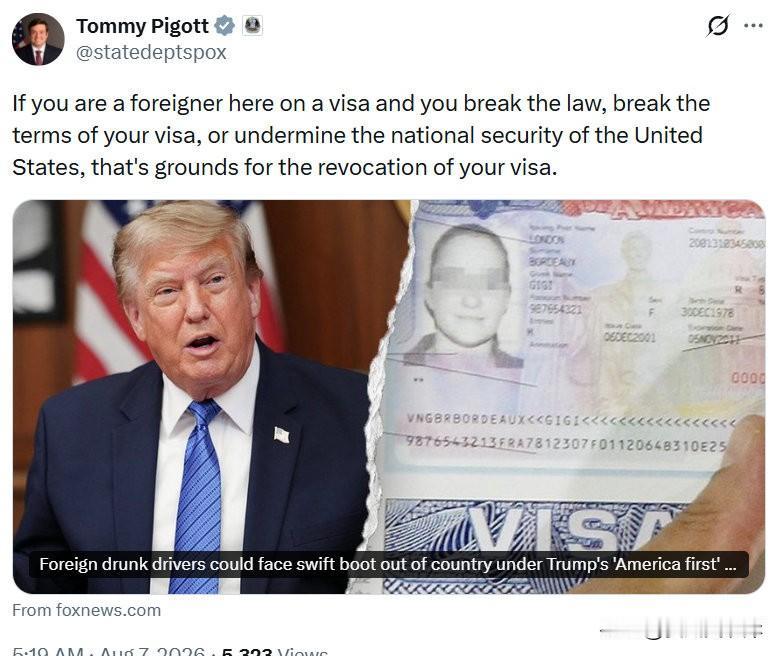 美国国务院发言人Tommy Pigott：
持签证在美停留的外籍人士，若触犯法律