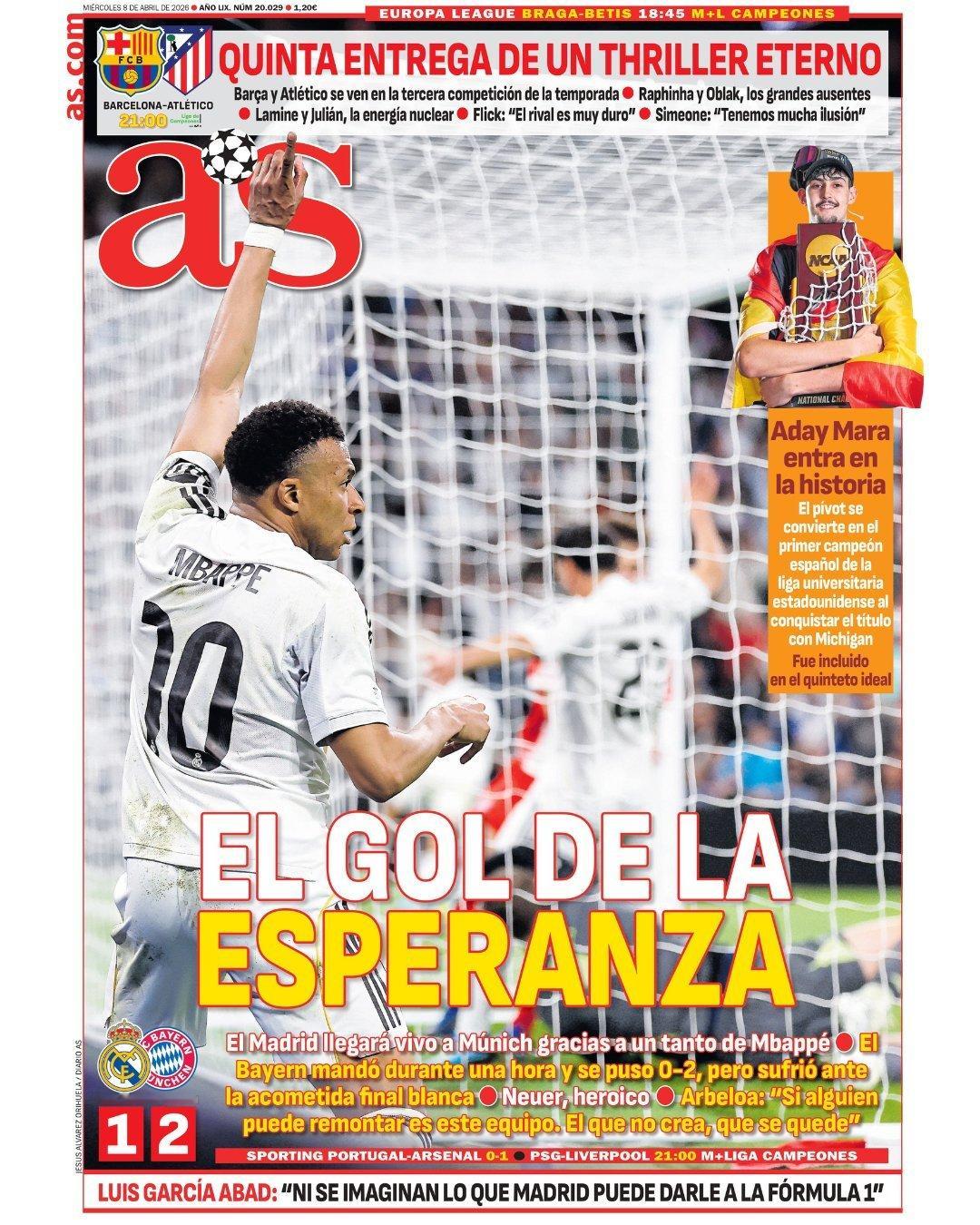 皇马 《阿斯》希望的一球姆巴佩的进球使皇马到了慕尼黑尚能一战拜仁统治局面了一个小