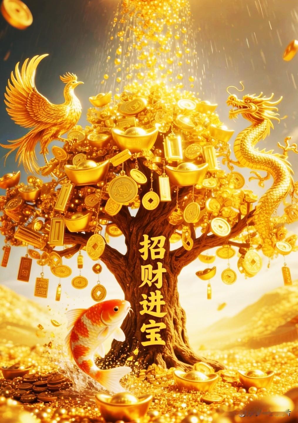 龙凤栖树摇金玉，
锦鲤临门纳宝财。