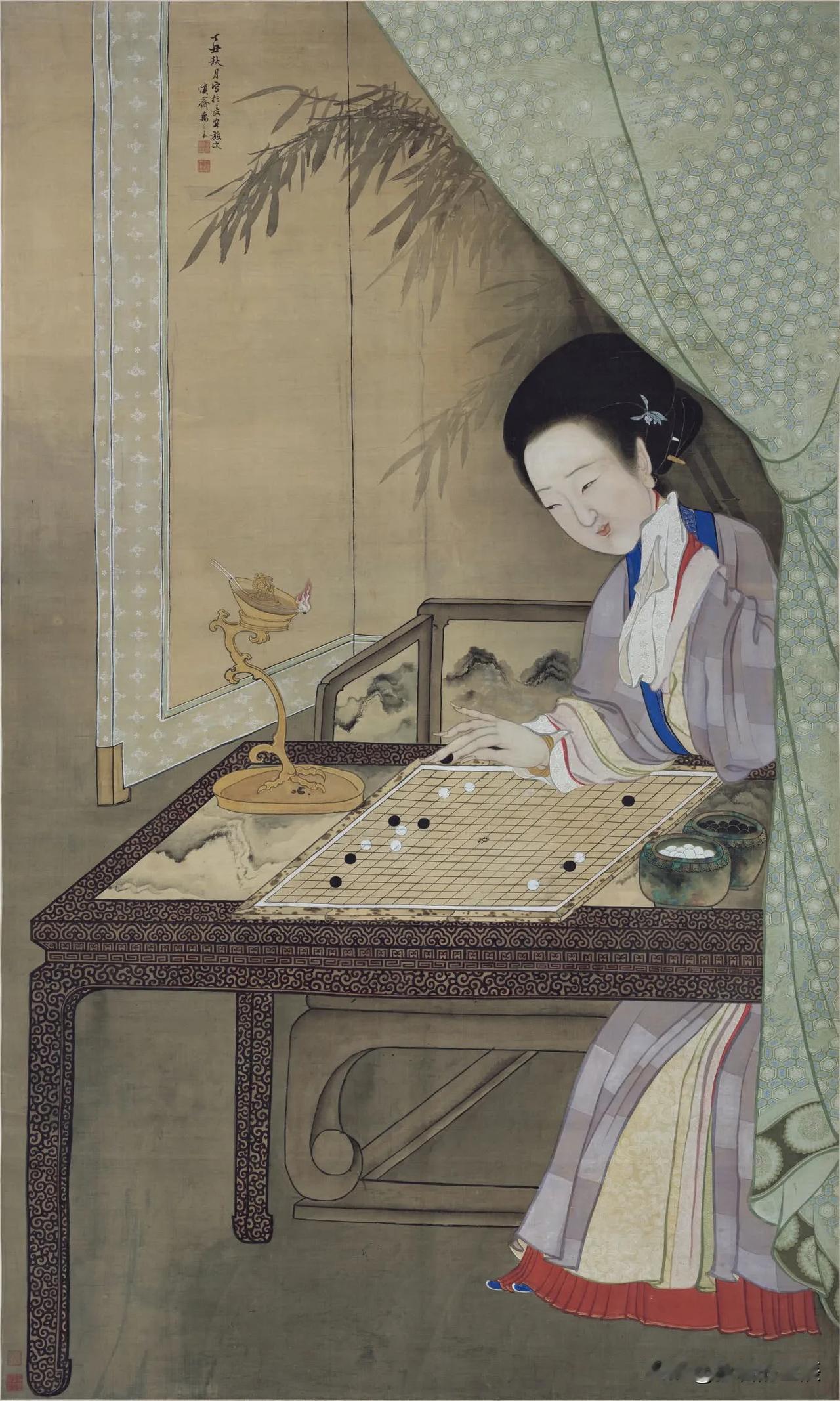 每日中华名画|清 禹之鼎《闲敲棋子图》
《闲敲棋子图》绘一妙龄女子灯前闲坐、独自