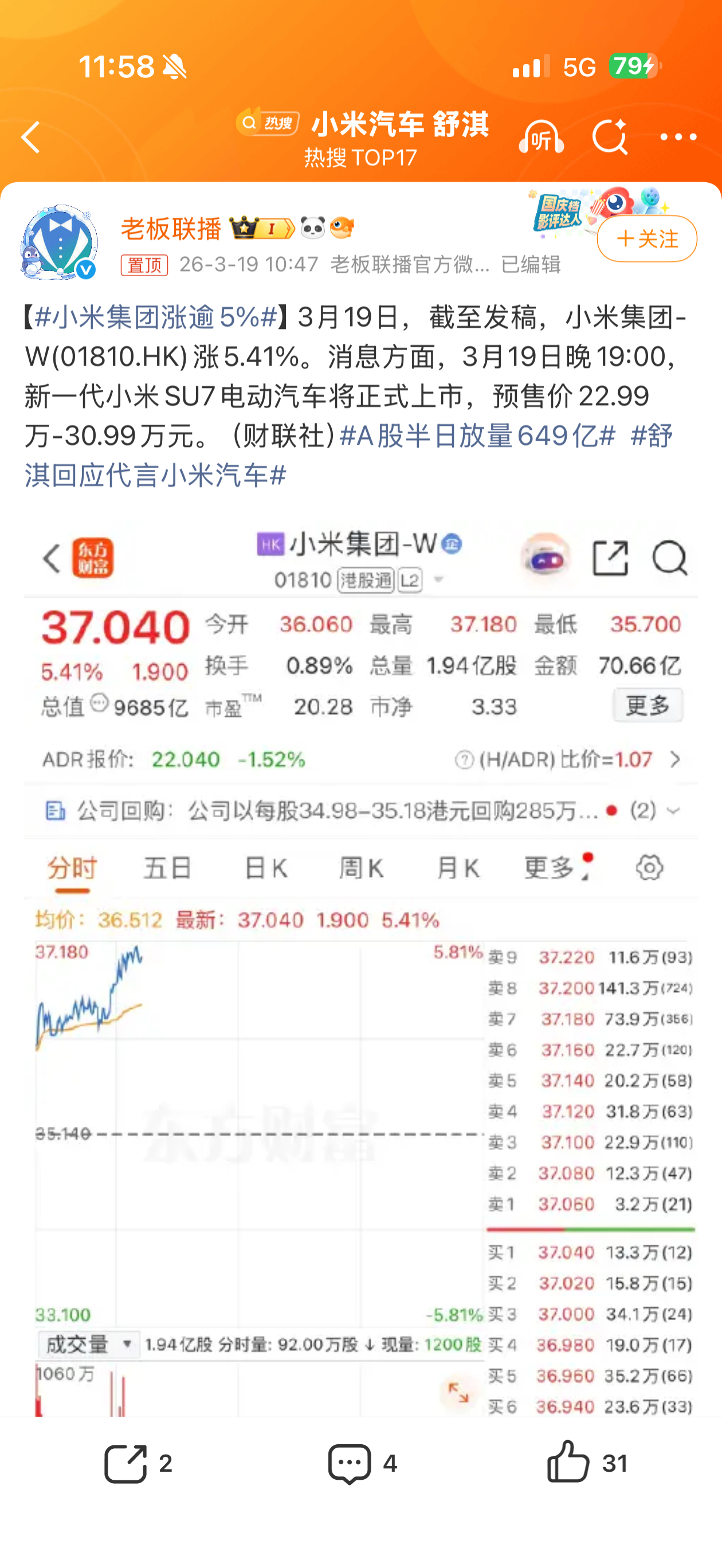 小米集团涨逾5%今天发布新小米SU7，股价大涨了～可喜可贺，小米今天在港股里可谓