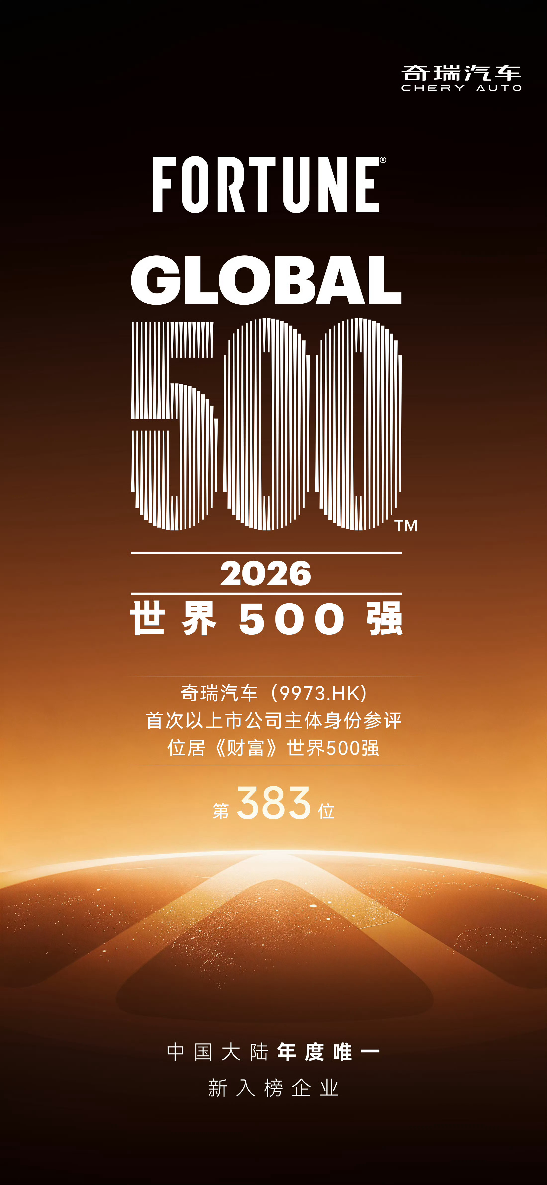 2026财富世界500强奇瑞牛逼！奇瑞汽车首次以上市公司主体申报，成为今年唯一新