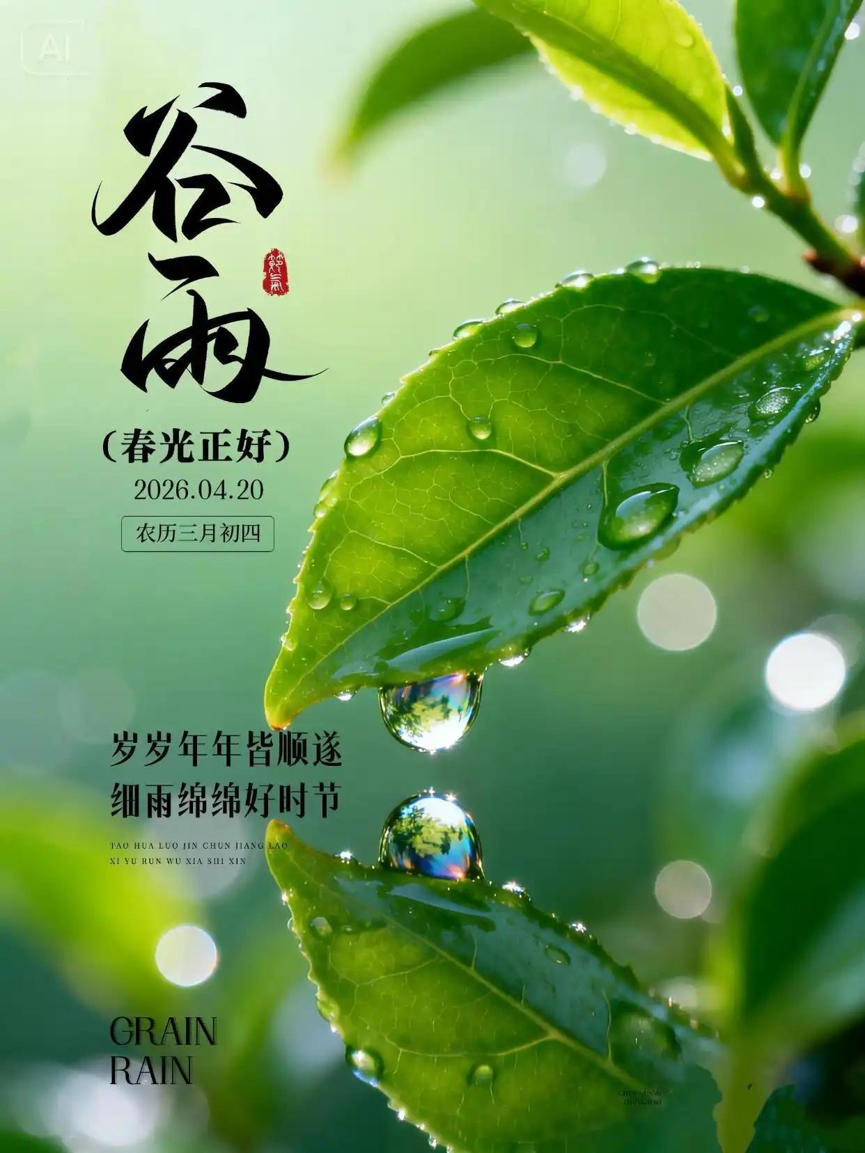 谷雨时节万物生，
和风细雨润田耕。
千山吐翠春光好，
百谷抽芽岁事盈。
神州共绘