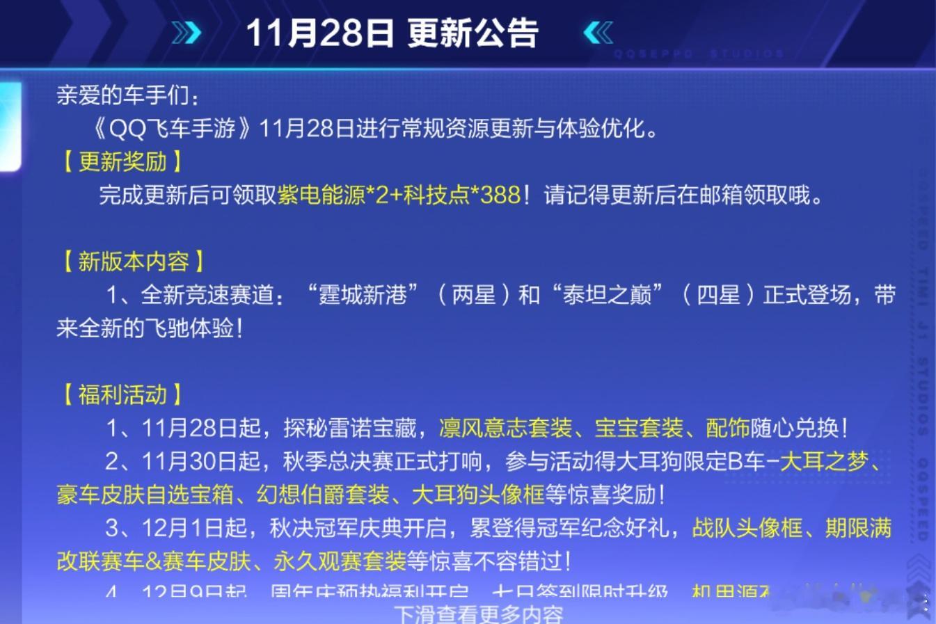 qq飞车手游[超话]  今日更新公告重点[doge]12月9日起七日签到限时升级
