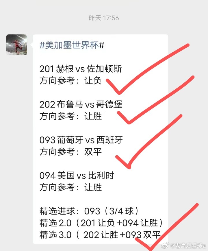 美加墨世界杯赛程昨天扫盘4中3，带来今天的！095阿根廷vs埃及方向参考：胜20
