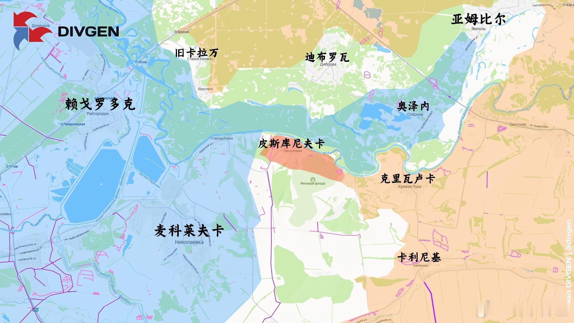 南部集群解放了麦科莱夫卡东北的皮斯库尼夫卡，这里距离斯拉夫扬斯克不足9公里来源：
