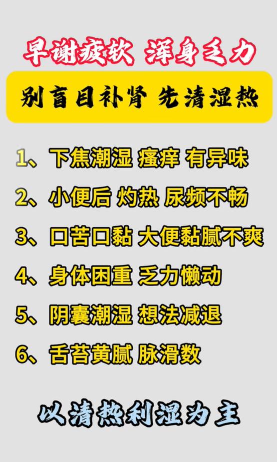下焦潮湿小便灼热、精力欠佳，六种湿热体征先清再补