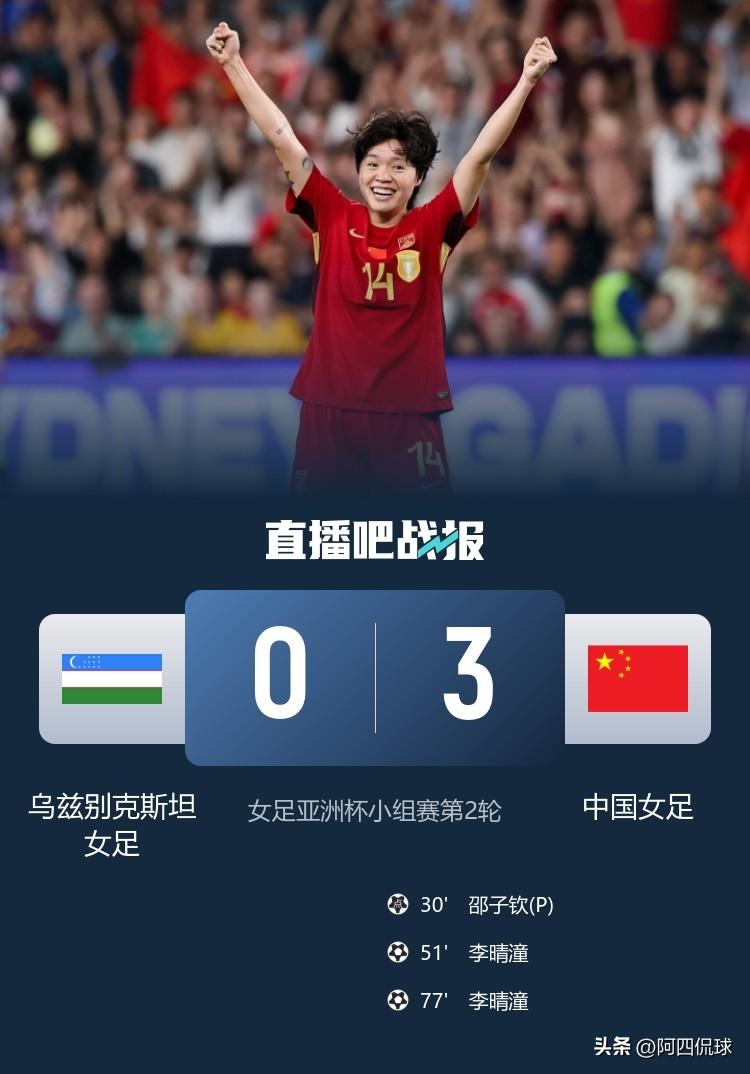 恭喜中国女足，3：0战胜乌兹别克斯坦队，两连胜提前一轮晋级女足亚洲杯淘汰赛，最后