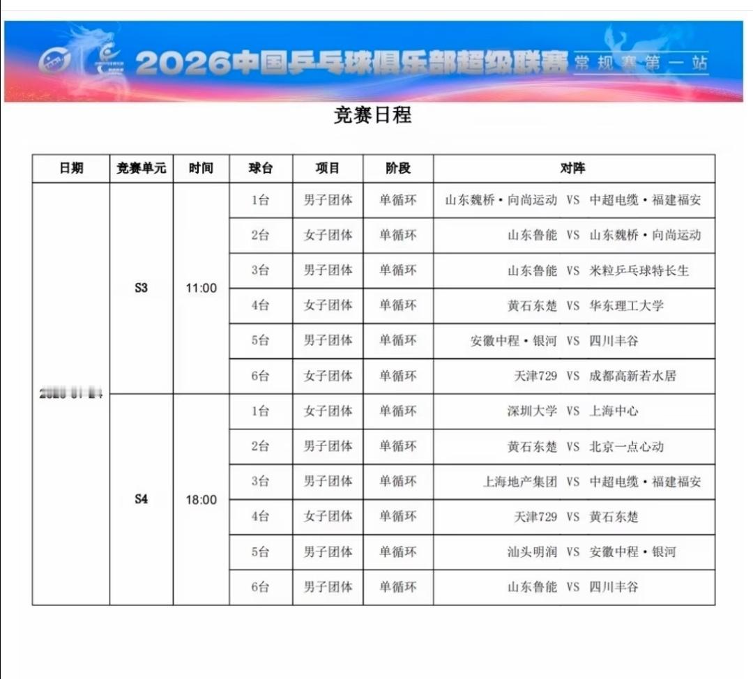 政在这里 🆚黄友政 📍2026年中国乒乓球超级联赛 常规赛第一站🏓赛程信息