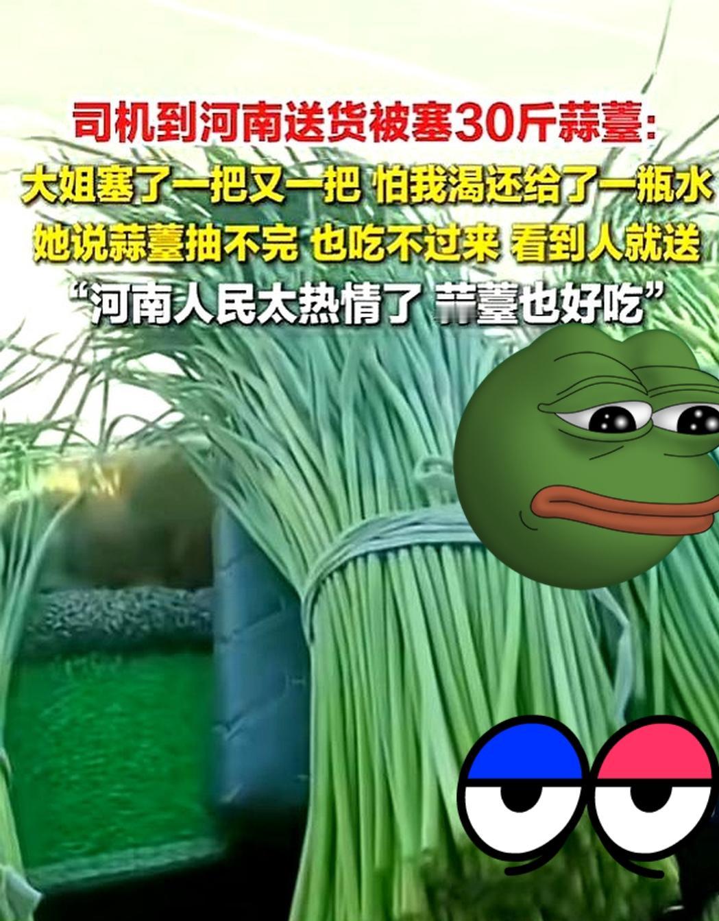 河北一位司机途经河南时，看到路边有许多蒜薹，便顺手薅了一把。这一幕被一位河南河南