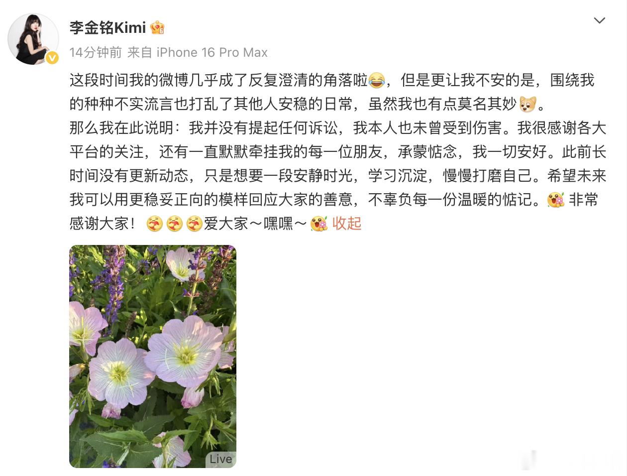 李金铭回应长时间未更新李金铭否认被假婆婆伤害 23日，李金铭发文回应近期网络不实