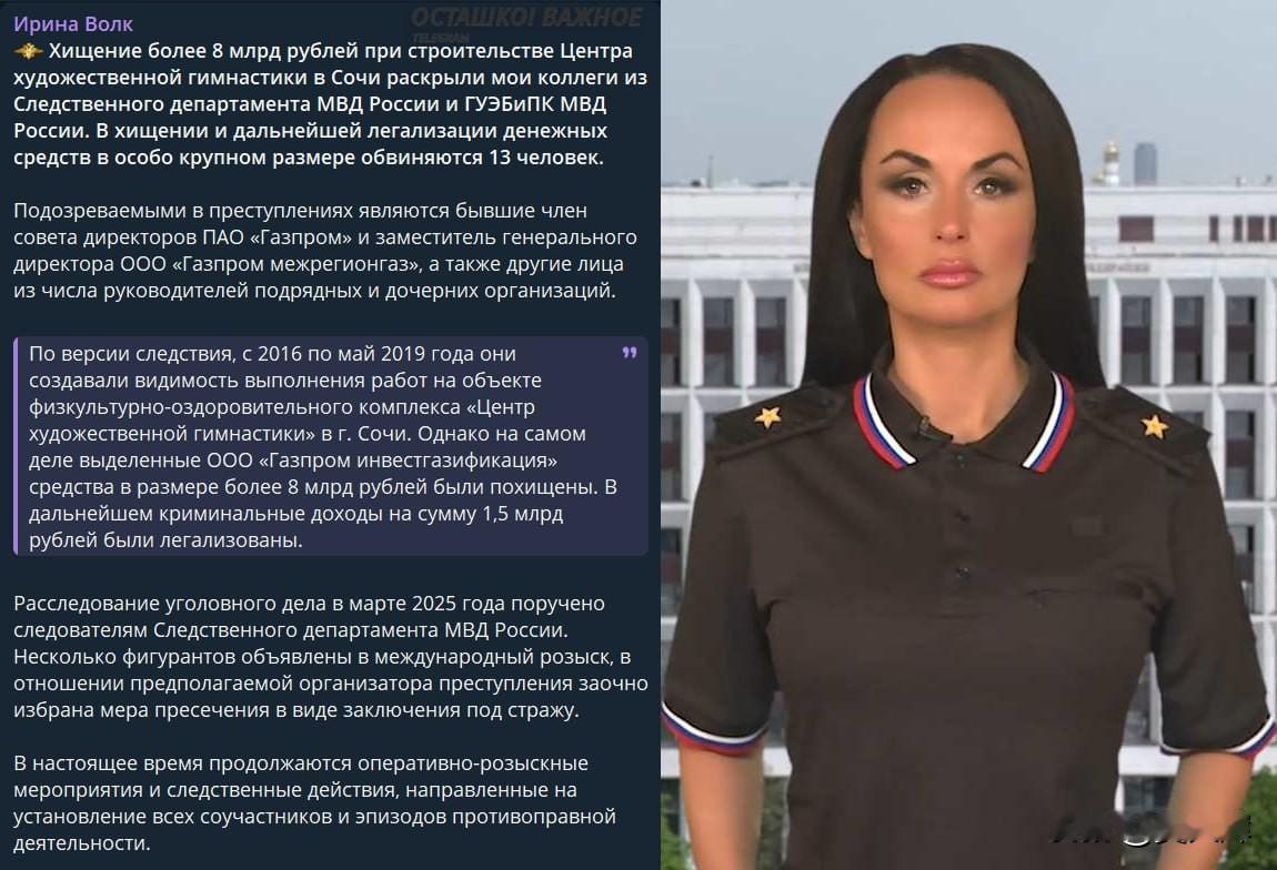 这钱也敢贪：卡巴耶娃艺术体操中心建设项目被盗资金超拨款5倍

俄内务部侦破索契艺