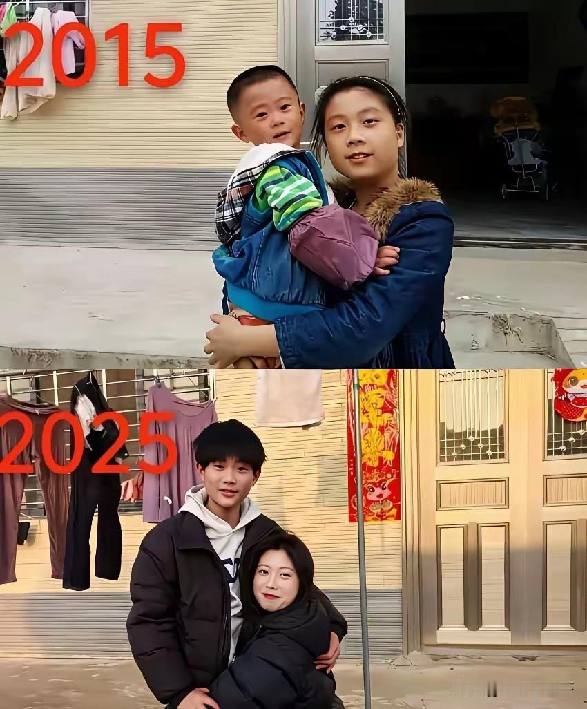 同样两个人，相隔十年的时间？
不得不说，她已经抱不动他了！