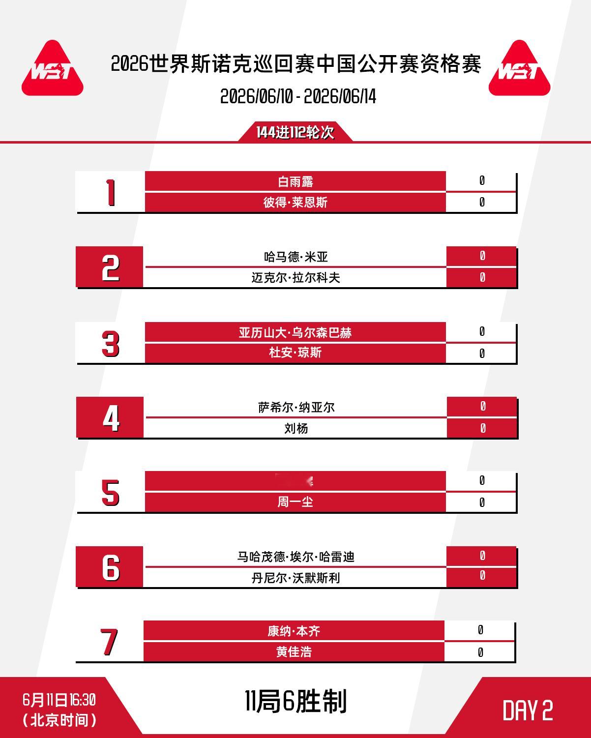 2026斯诺克中国公开赛 资格赛第二比赛日赛程安排如下：北京时间16:30，白雨