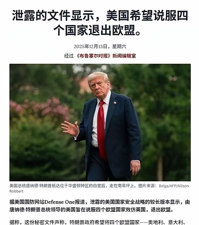 《布鲁塞尔时报》：根据泄密文件显示，特朗普在力劝4个欧盟国家退出欧盟：奥地利，意