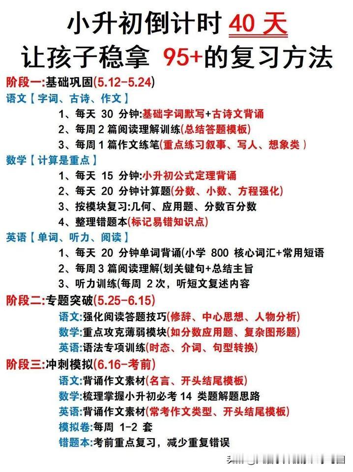 学校老师发的六年级下册小升初40天复习计划