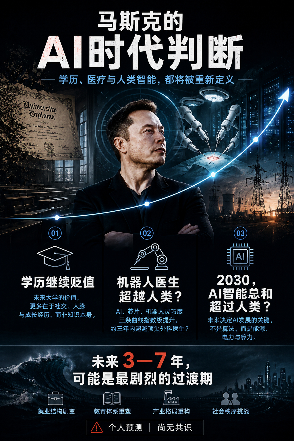 马斯克最近一场长达三小时的深度访谈，再次分享了他对人工智能时代的判断。其中，不少