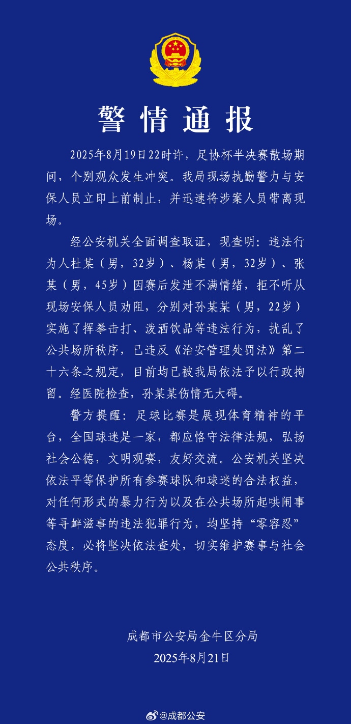 成都通报足协杯半决赛观众冲突成都警方官方通报，足协杯半决赛后滋事三人被行拘。 ​