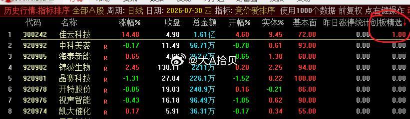 今天早盘，创业板竞价模式只有一票：$佳云科技 sz300242$ 开盘4.6%，
