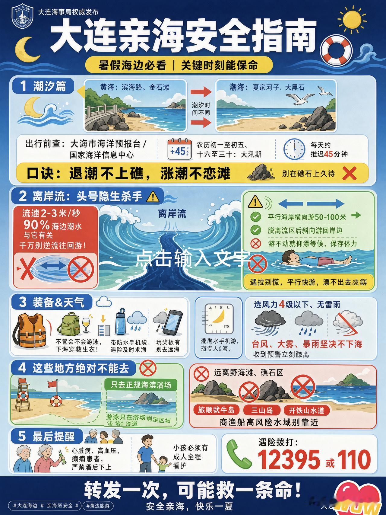 🌊 大连亲海安全「救命」指南

（大连海事局权威发布）

1️⃣ 潮汐：退潮不