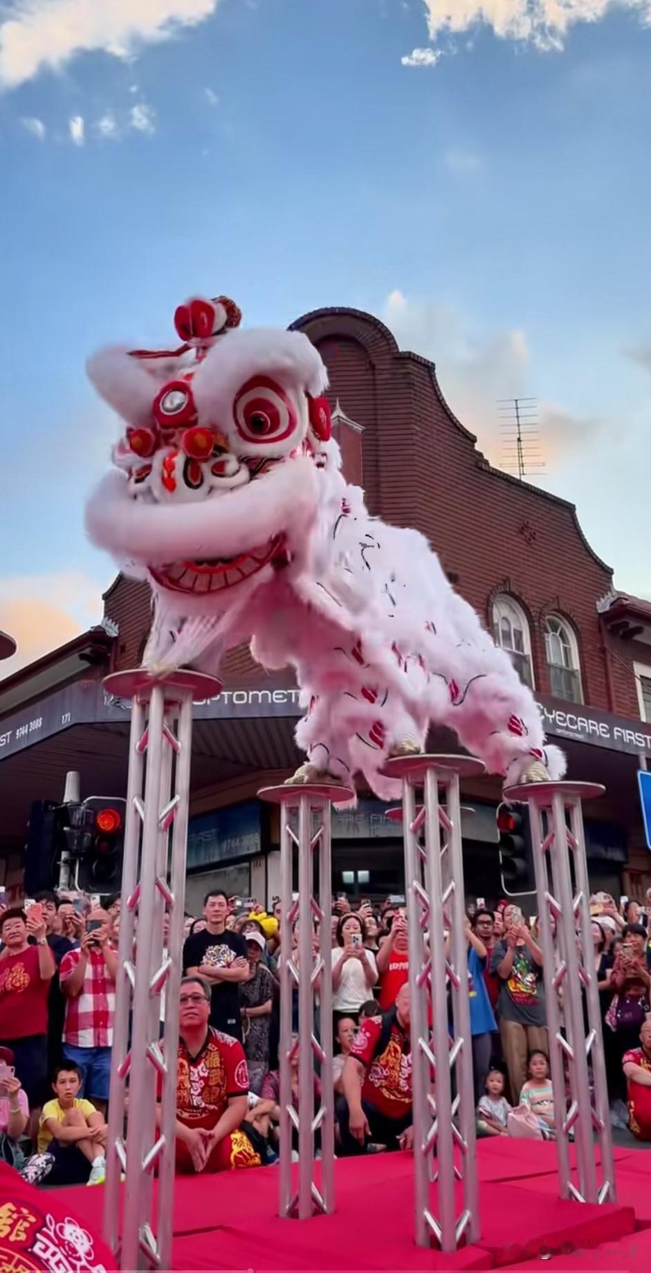 悉尼舞狮，惊动了世界。高桩空中舞狮危险度太大了！一个小的配合误差就会出危险。高桩