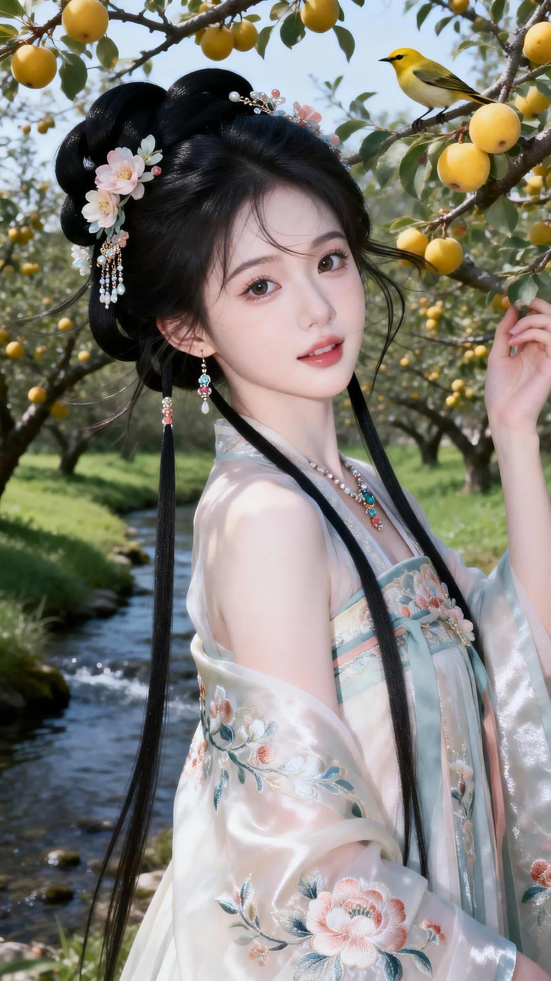 古风少女在果园中，花枝招展，鸟语花香。