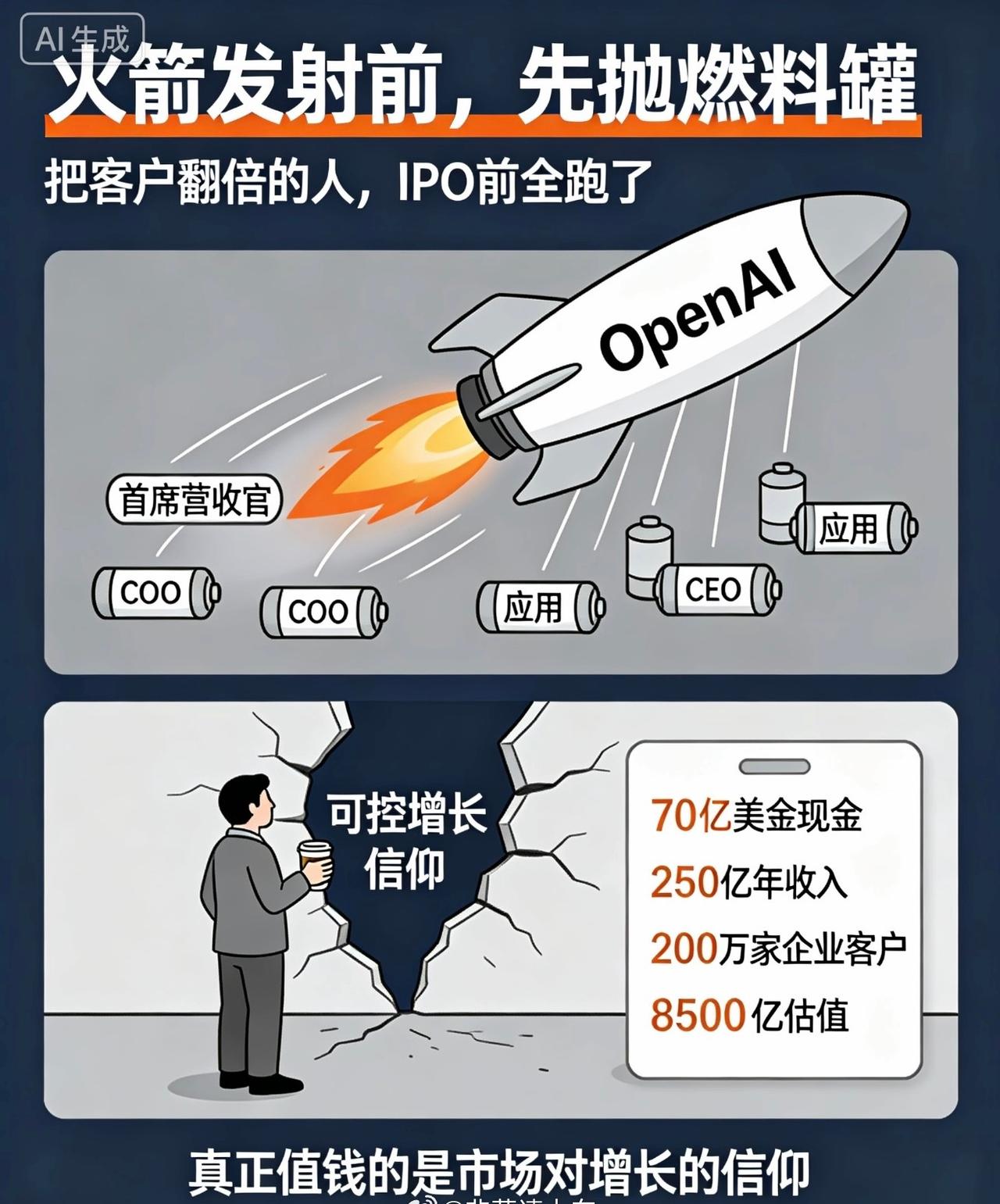 OpenAI这波人事大逃亡，太像火箭发射前抛燃料罐了。账上趴着70亿美金，年收入