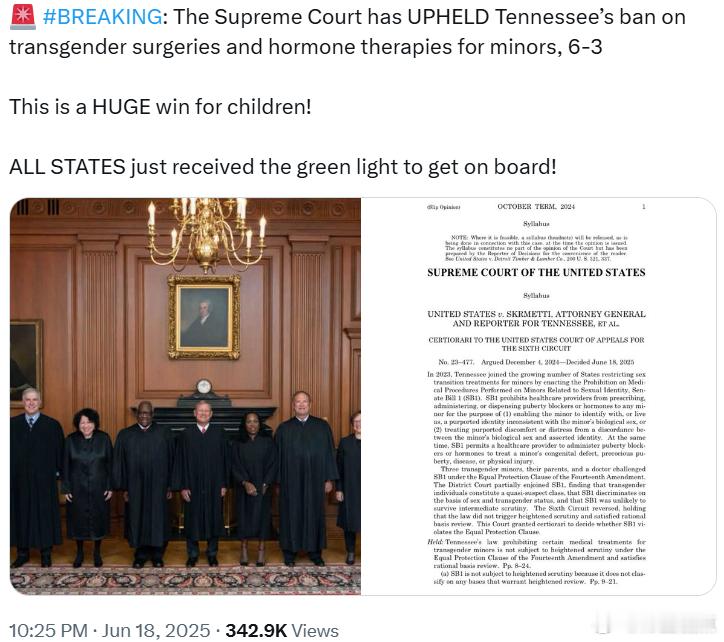 最高法院以6比3的票数维持了田纳西州禁止为未成年人进行变性手术和激素治疗的禁令。
