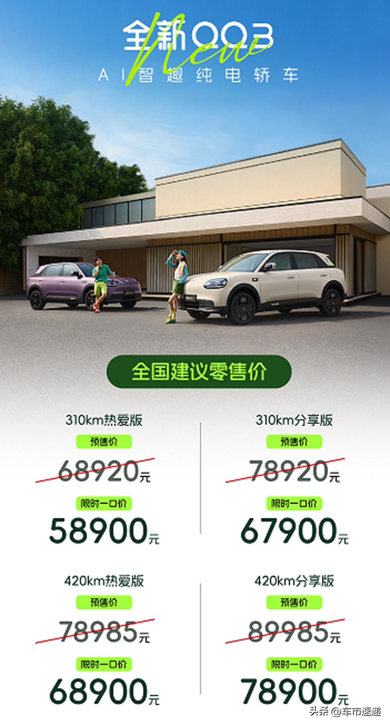 3月30日晚，奇瑞汽车旗下的全新QQ3纯电轿车上市，售价在68920元起，同时，