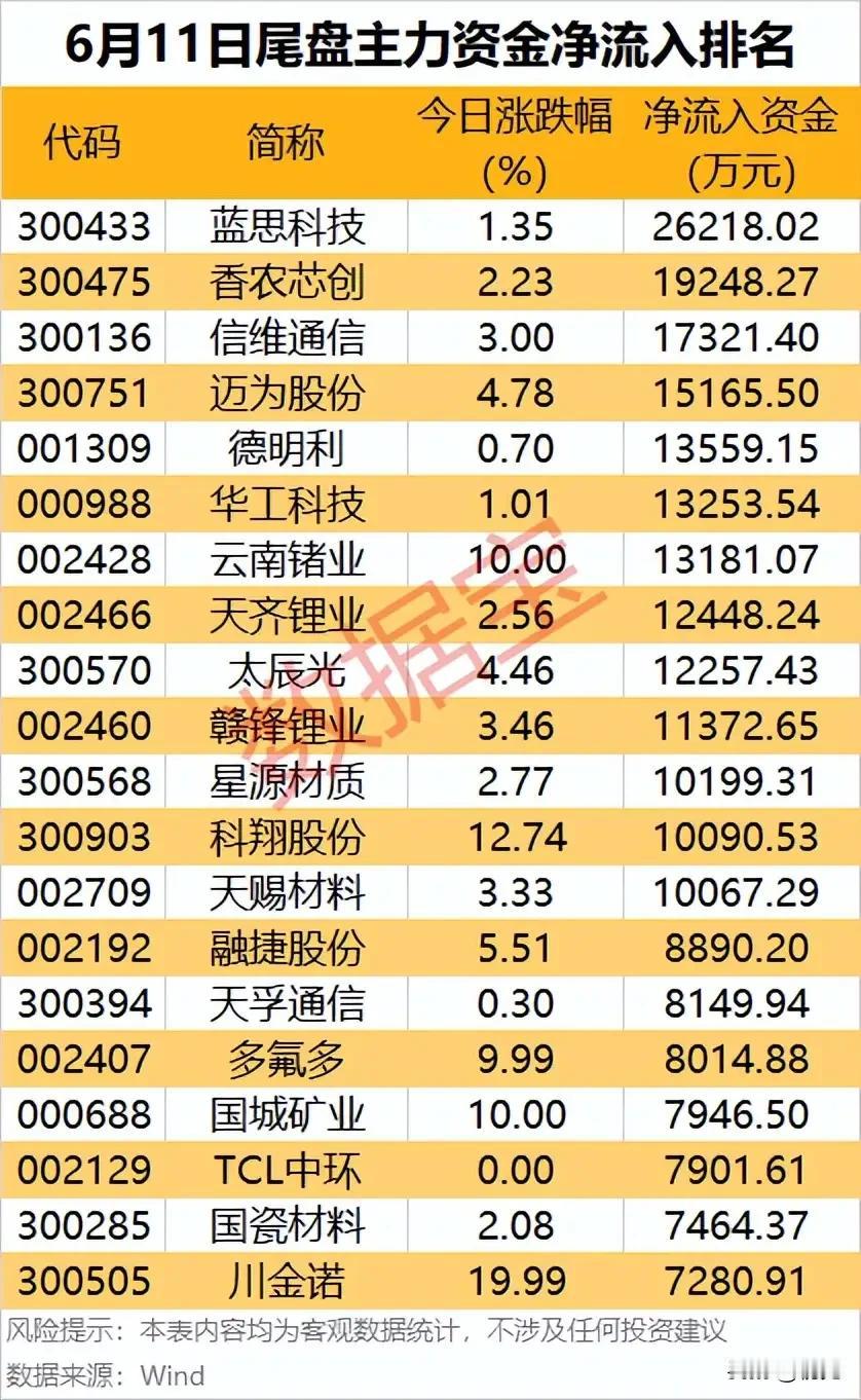 尾盘资金突袭！6.11净流入TOP20拆解：低位赛道与主线龙头共振抢筹！
 
6